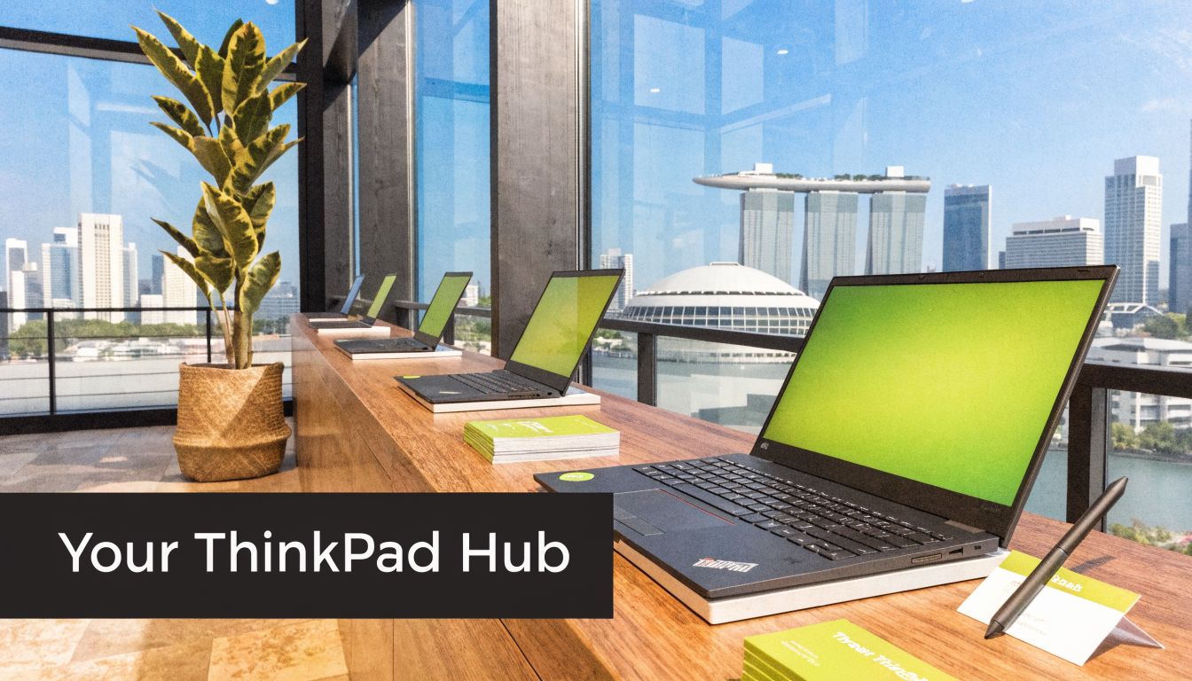 A row of Lenovo ThinkPad laptops arranged on a wooden desk overlooking a modern city skyline.