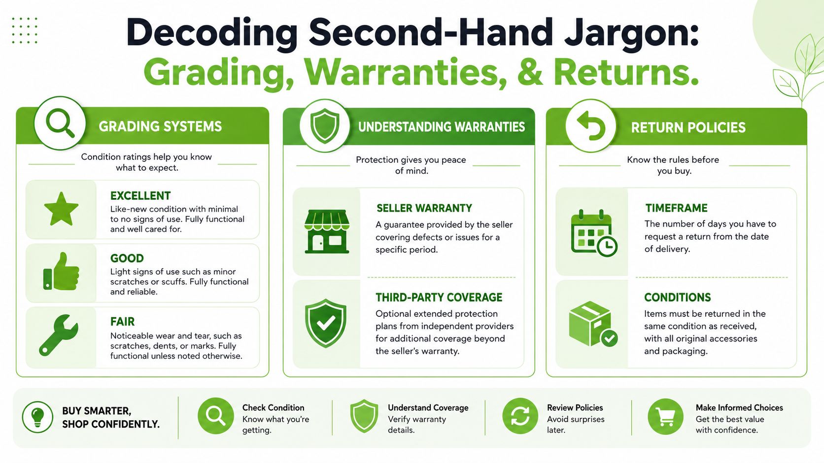 An infographic explaining second-hand shopping terminology including grading systems, warranties, and return policy details.