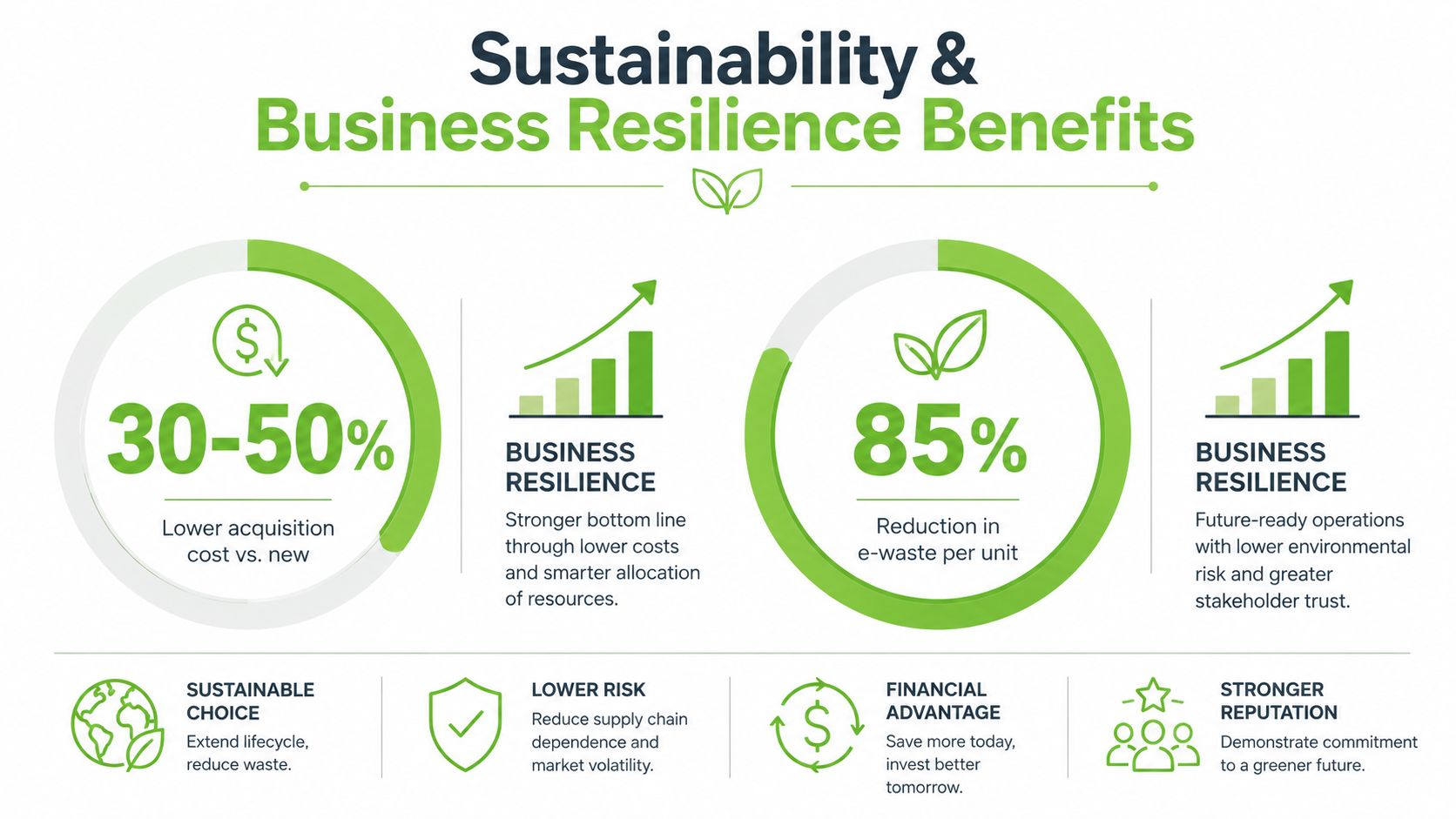 An infographic showing the sustainability and business resilience benefits of purchasing refurbished or recycled technology equipment.