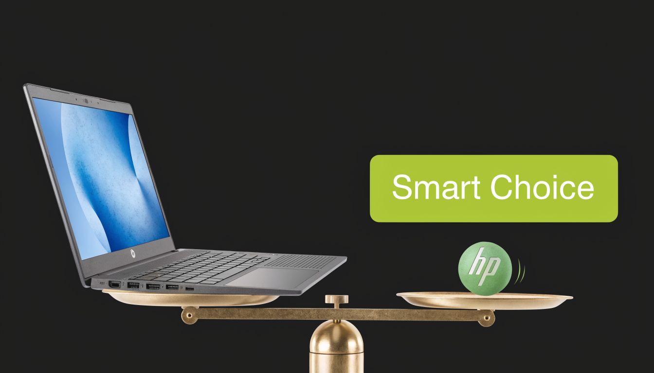 An HP laptop sits on one side of a scale balanced against a green HP logo sphere.