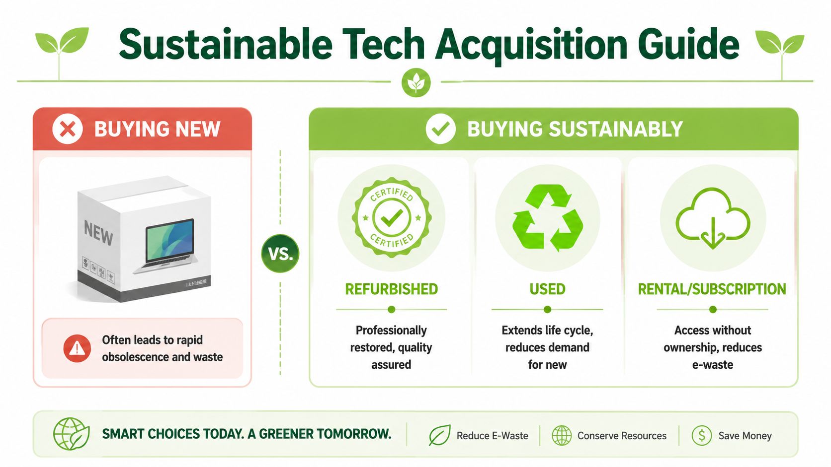 An infographic titled Sustainable Tech Acquisition Guide comparing buying new items versus choosing sustainable alternatives like refurbished, used, or rental options.
