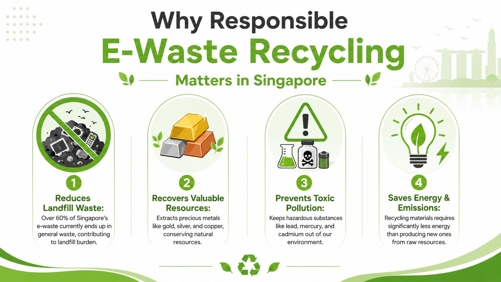 An infographic showing four reasons why responsible e-waste recycling is important for the environment in Singapore.