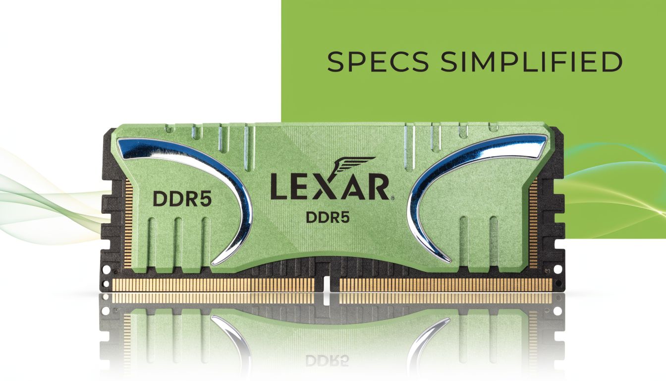 Lexar品牌绿色DDR5内存模块的专业影棚照片,带有金属装饰。