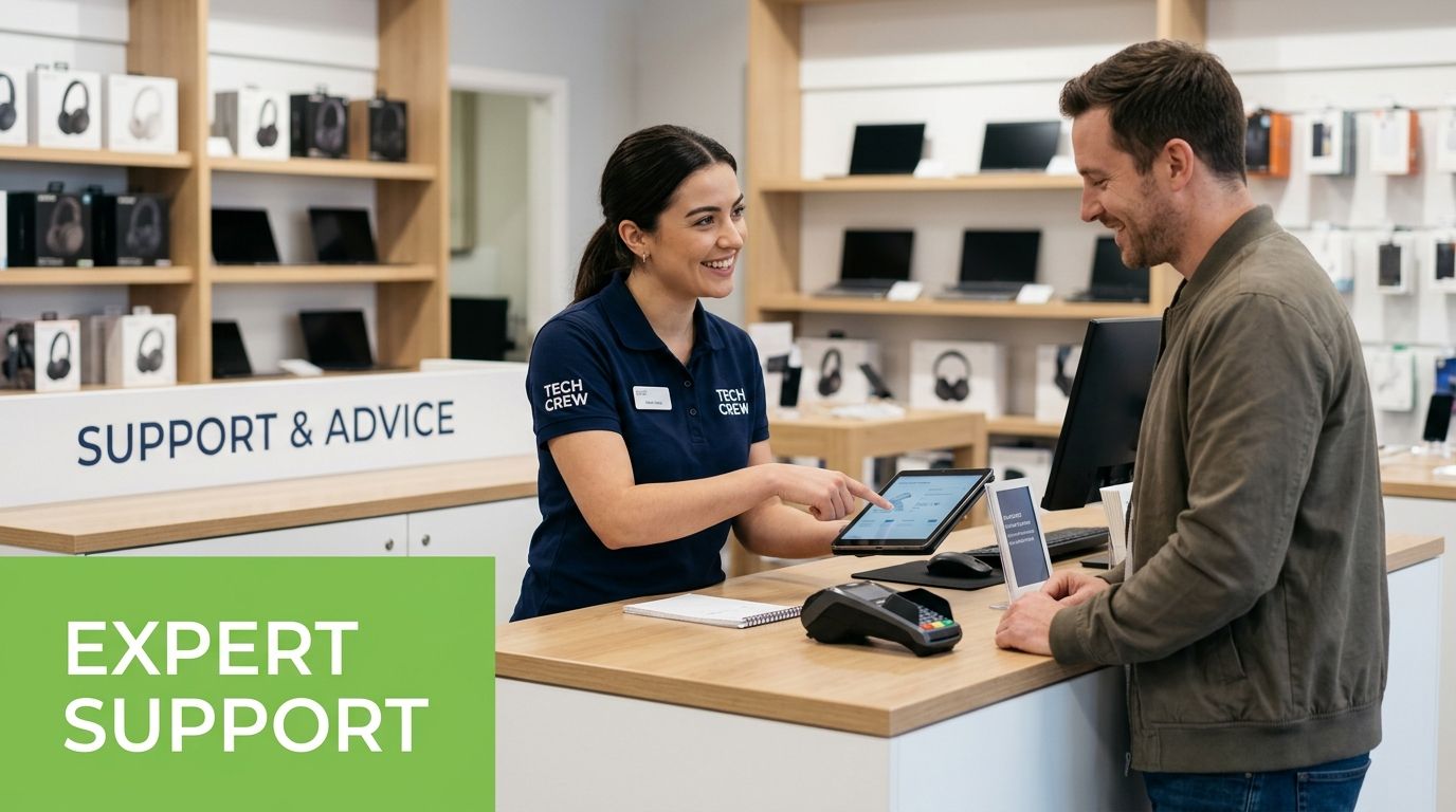 A smiling tech crew employee assists a customer at an electronics store service counter with a tablet.