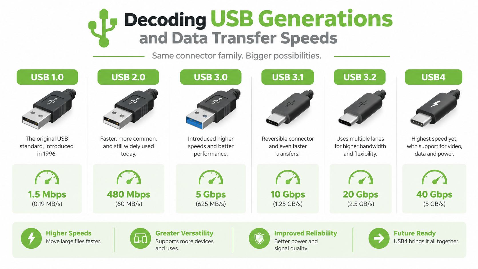 An infographic detailing the evolution of USB generations, transfer speeds, and key features for different connectors.