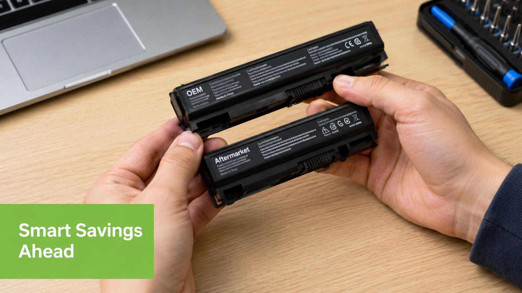 A person holding an original OEM laptop battery and a third-party aftermarket battery side by side.