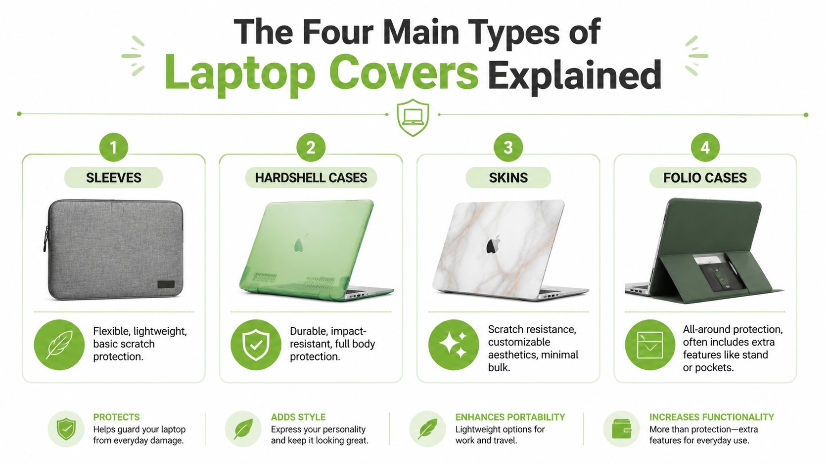 An infographic detailing four main types of laptop covers, including sleeves, hardshell cases, skins, and folio cases.