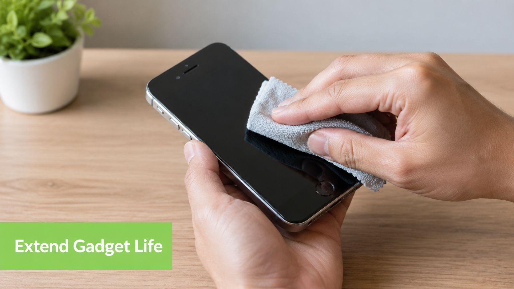 A person gently cleans a smartphone screen with a soft grey microfiber cloth on a wooden desk.