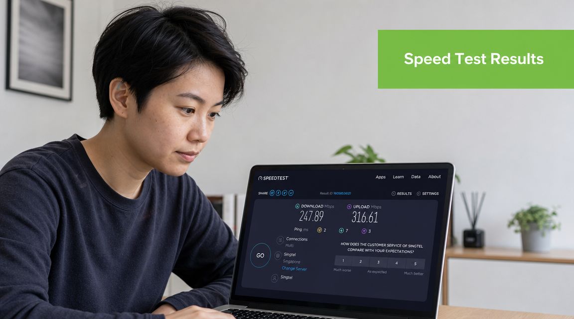 A young woman checks her high speed internet test results on a laptop screen in a room.