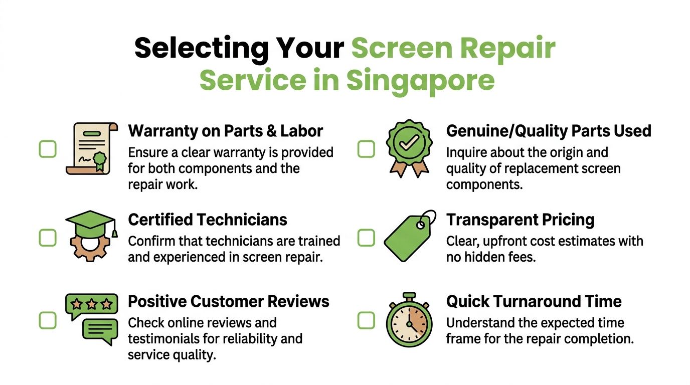 A checklist infographic titled Selecting Your Screen Repair Service in Singapore with tips for consumers.