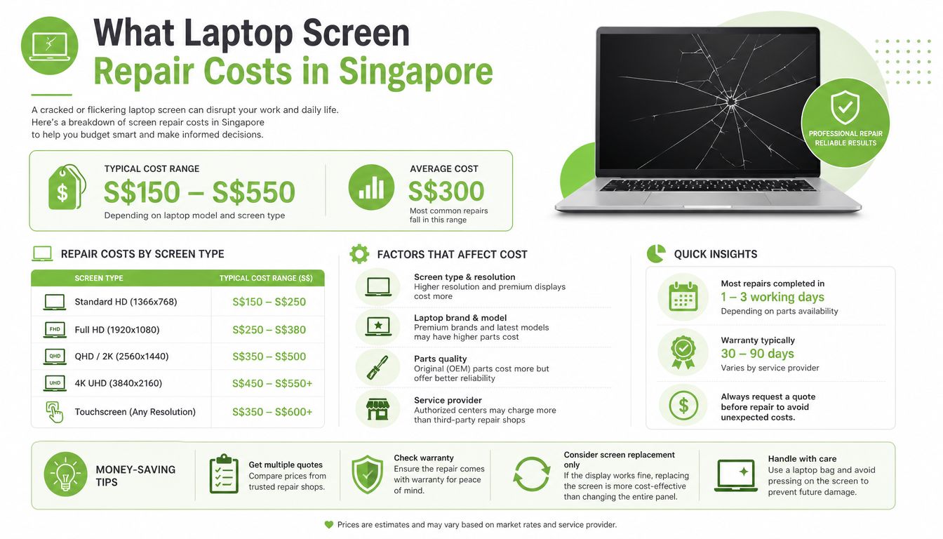 An infographic detailing typical laptop screen repair costs in Singapore based on screen type and other factors.