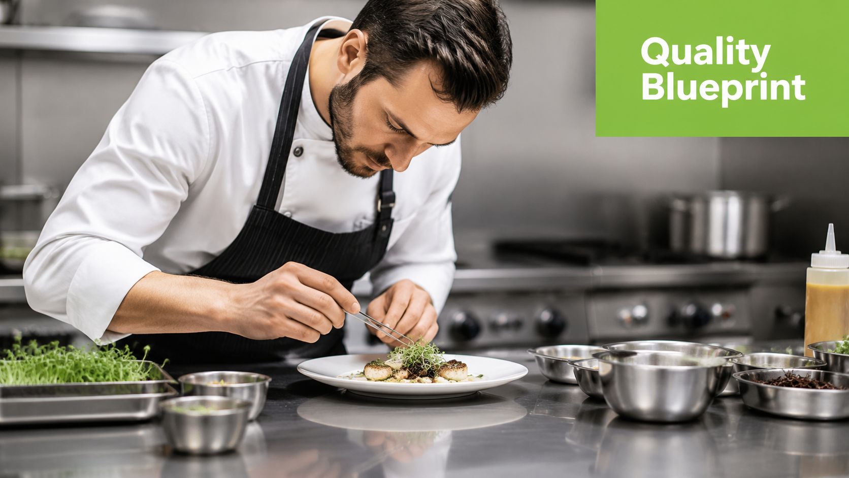A professional chef carefully garnishing a gourmet plate in a clean, high-end commercial kitchen environment.
