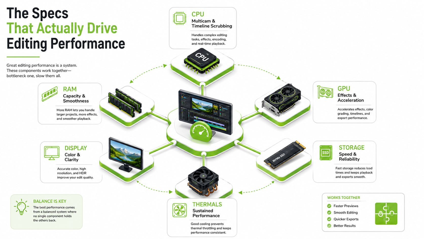 An infographic illustrating essential computer components for optimal video editing performance, including CPU, GPU, RAM, storage, and thermal cooling.
