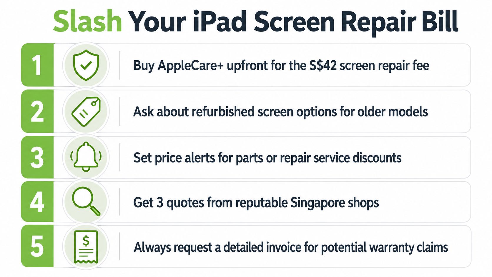 A list of five tips to reduce the cost of repairing a damaged iPad screen in Singapore.