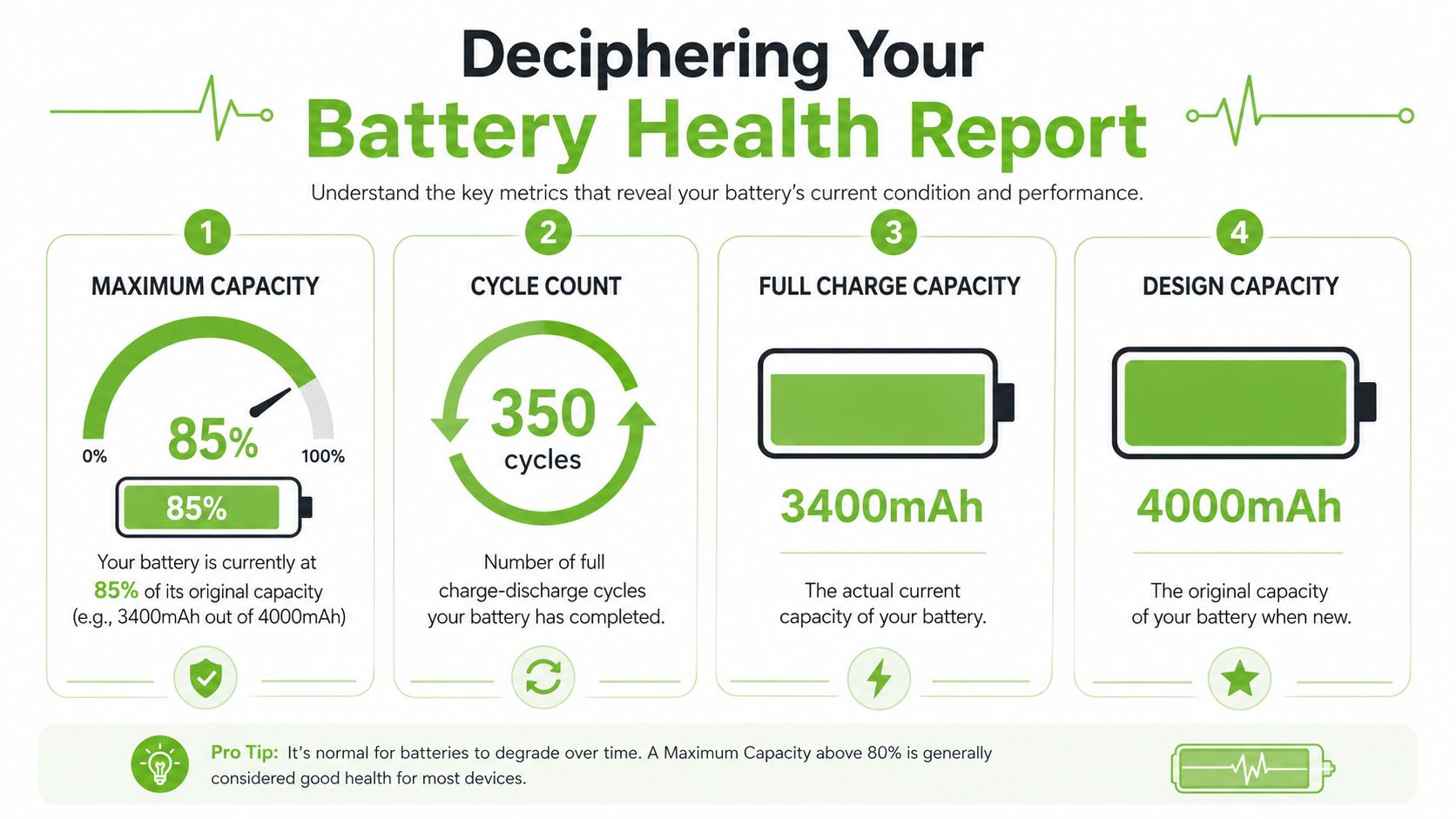 An infographic explaining battery health metrics including maximum capacity, cycle count, full charge capacity, and design capacity.