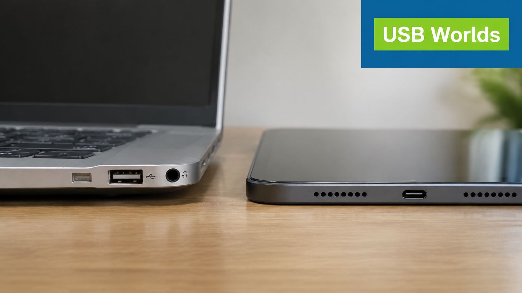 A silver laptop with a standard USB-A port next to a modern tablet with a USB-C port.