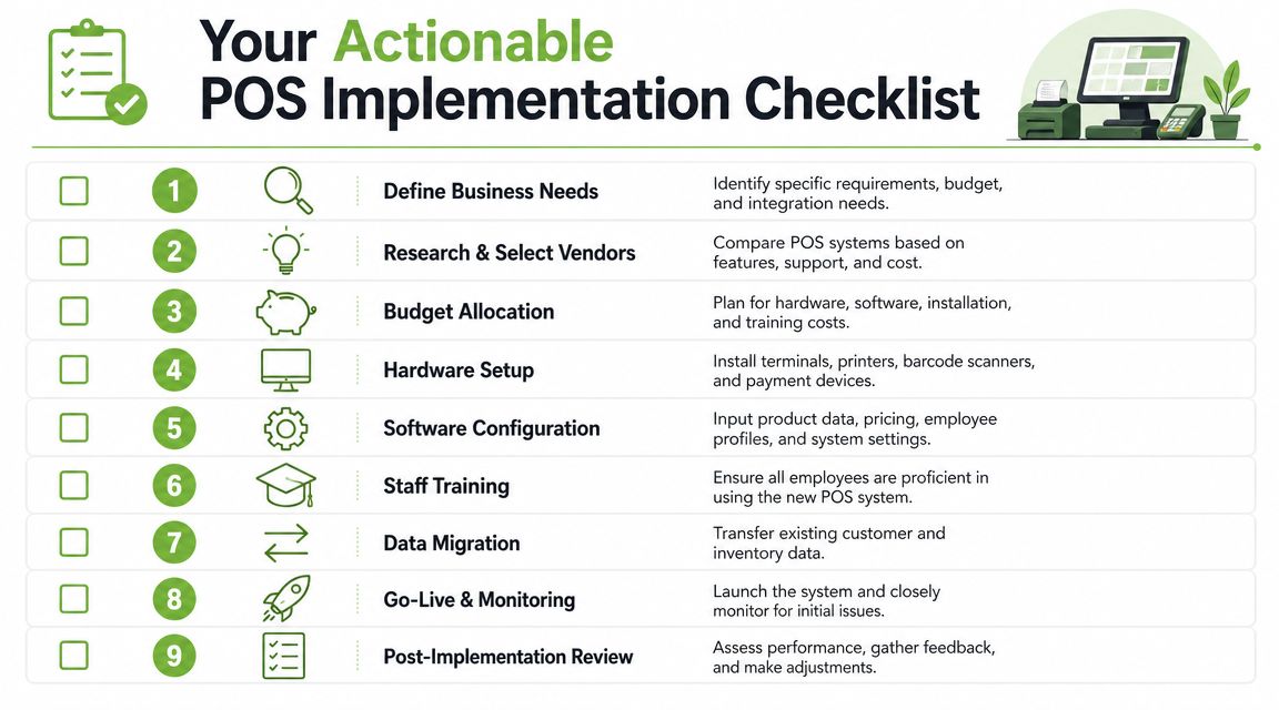 A nine-step infographic titled Your Actionable POS Implementation Checklist for businesses setting up point of sale systems.