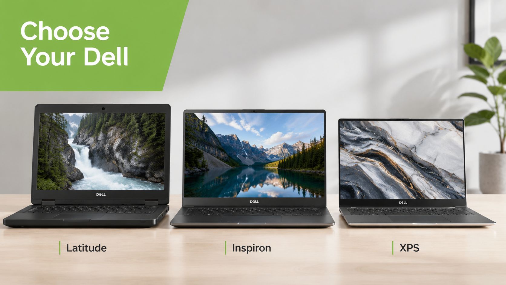 一张戴尔 Latitude、Inspiron 和 XPS 三款笔记本电脑摆放在桌上的棚拍照片。