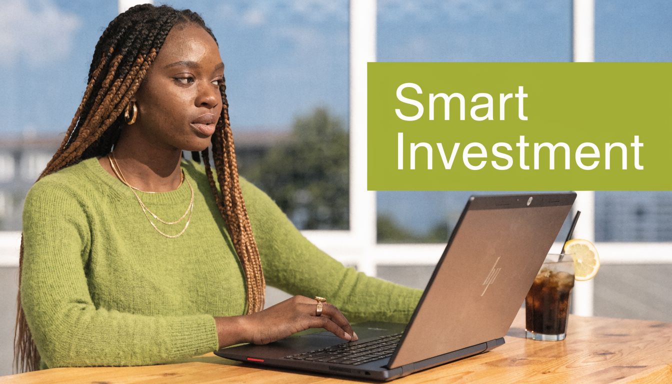 A woman with braids wearing a green sweater works on an HP laptop at an outdoor table.