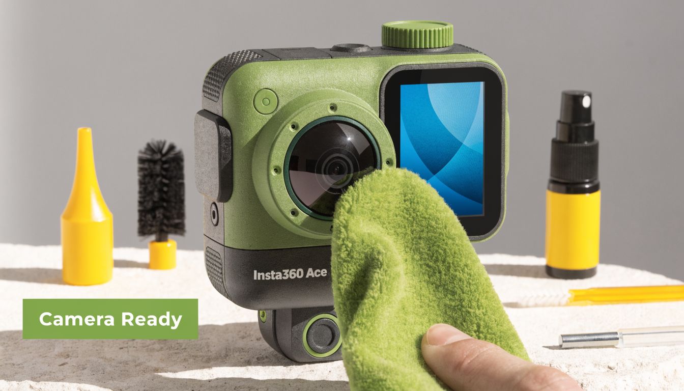 A green Insta360 Ace action camera being wiped with a soft cloth alongside various camera maintenance accessories.