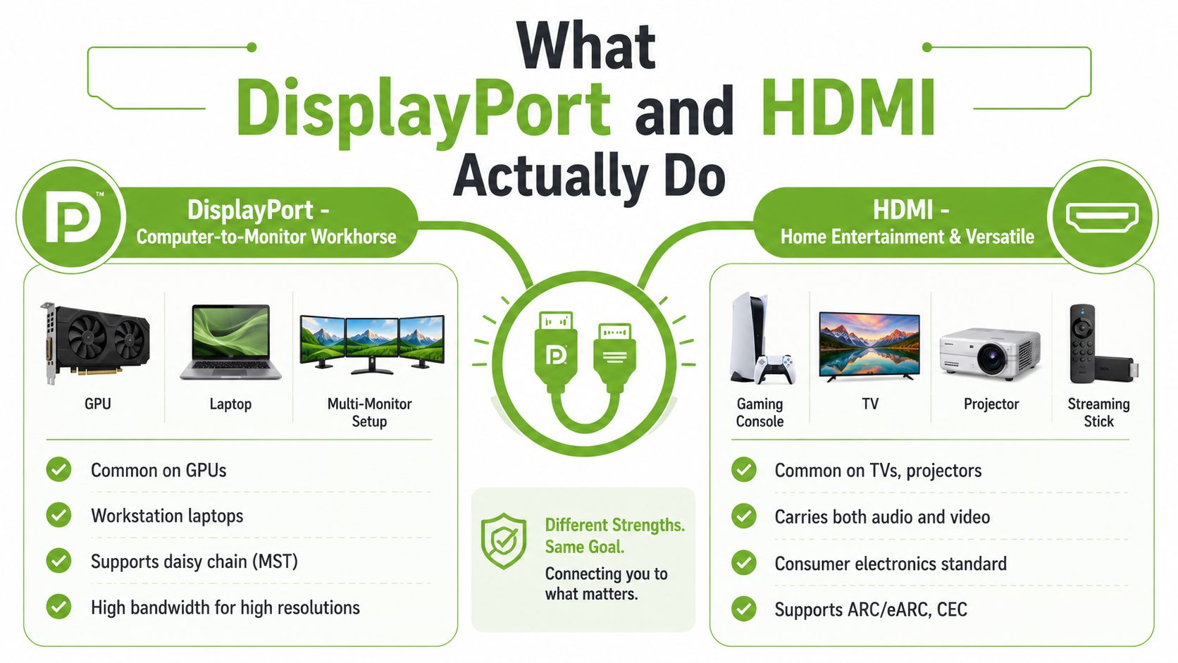 An infographic comparing the uses and key features of DisplayPort and HDMI cables for connectivity.