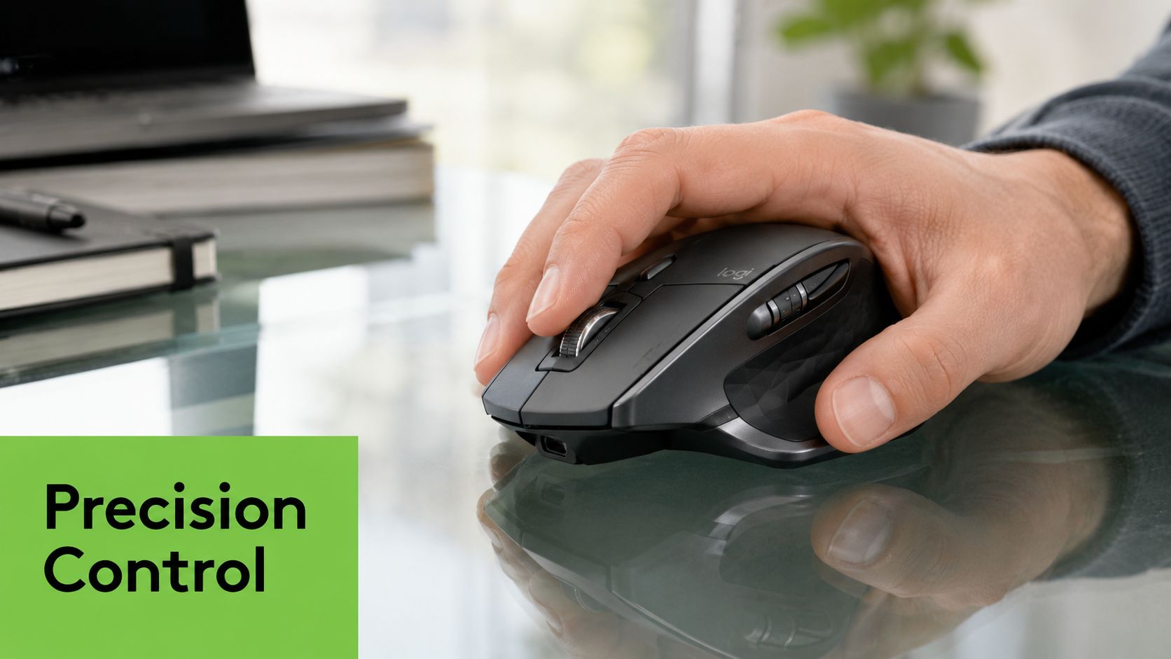 A close-up of a hand using a black Logitech ergonomic wireless mouse on a glass desk surface.