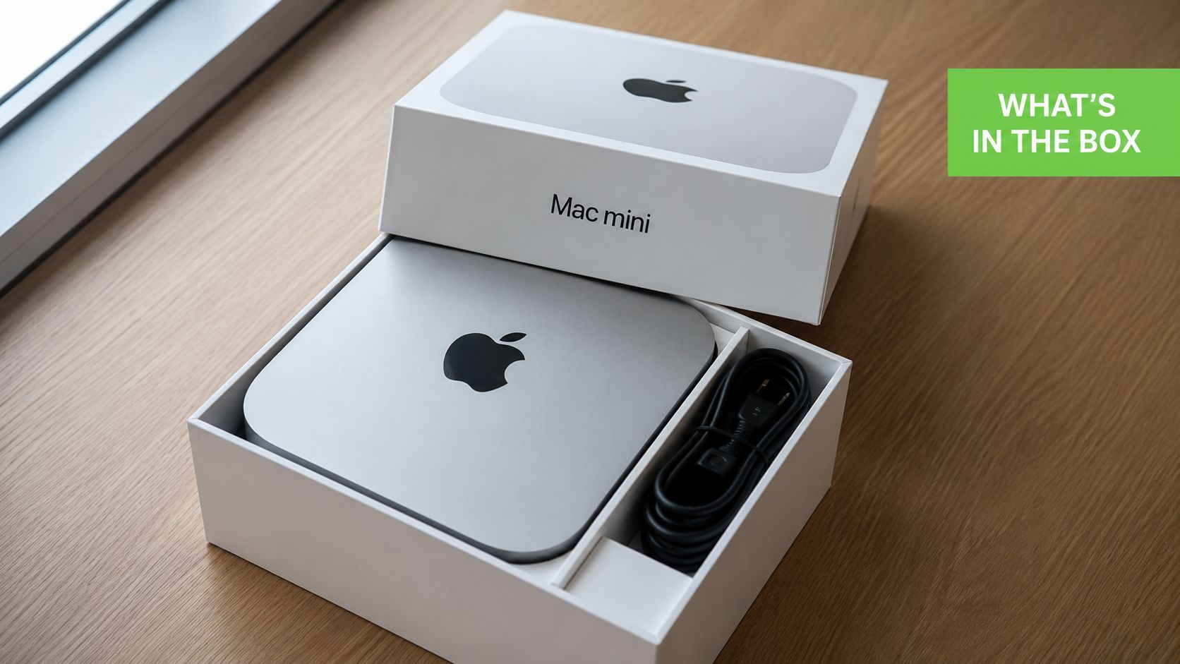 An open Apple Mac mini product box revealing the computer and its included power cable inside.