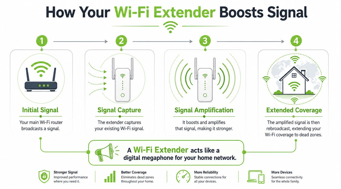 A diagram illustrating the four steps of how a Wi-Fi extender boosts home network signal coverage.