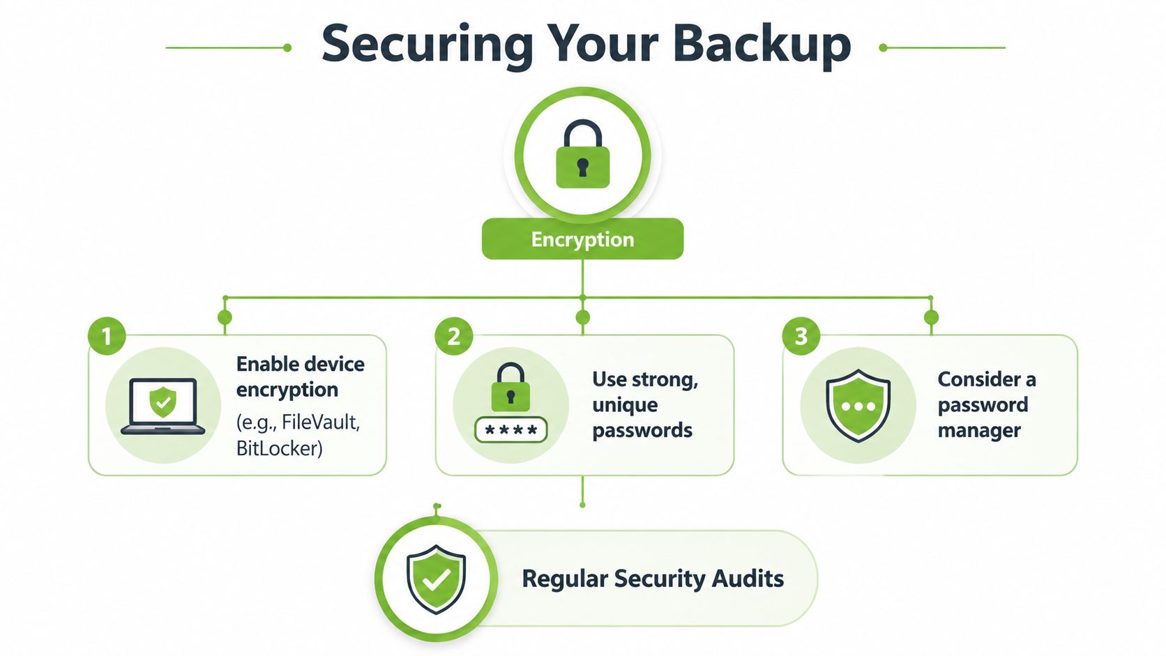 A diagram outlining security best practices for backups, including encryption, strong passwords, and regular security audits.