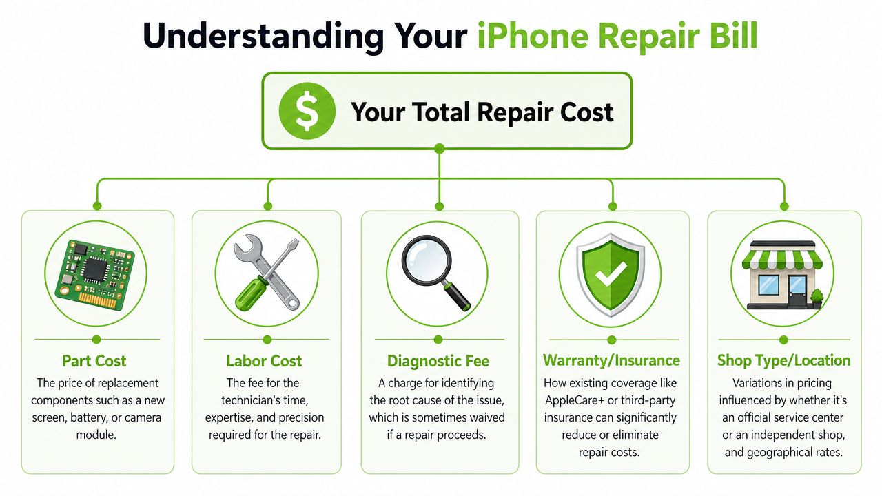 An infographic illustrating the five key factors that influence the total cost of an iPhone repair.