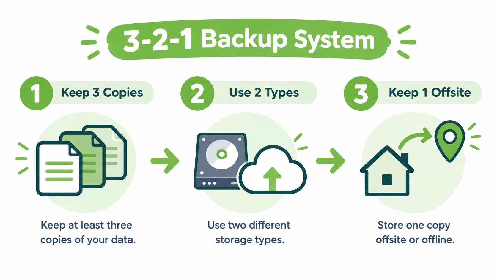 An infographic explaining the 3-2-1 backup strategy for data protection featuring three simple steps.