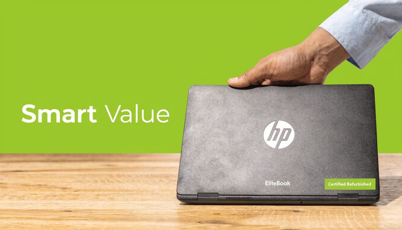 A hand holding a closed, certified refurbished HP EliteBook laptop against a bright green background.