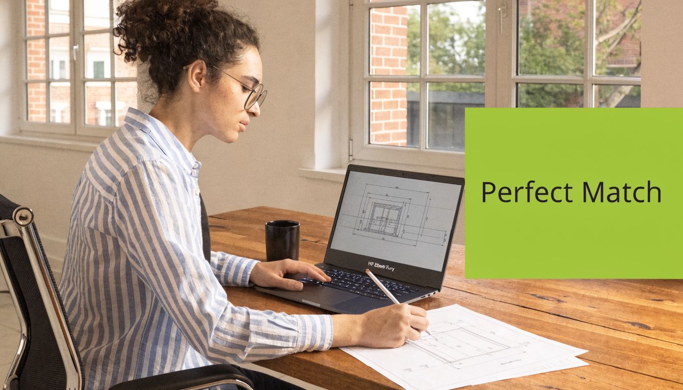 A woman working on architectural blueprints while using an HP laptop at a desk near a window.