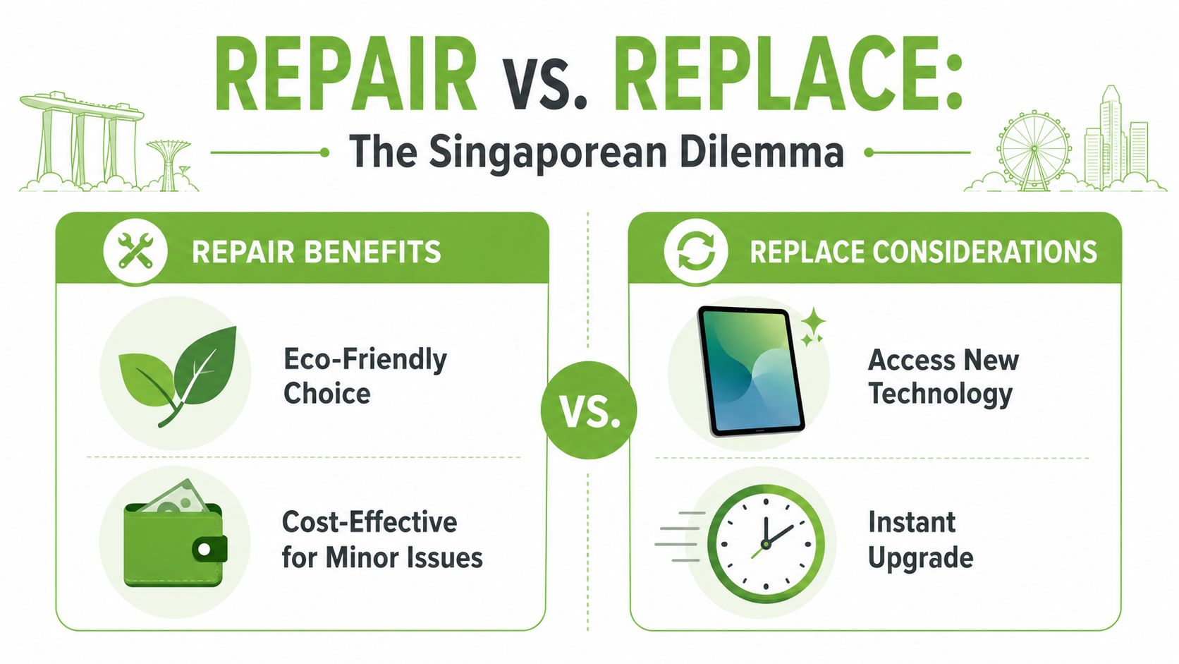 A comparison infographic titled Repair vs Replace showing the benefits of repairing versus considering a new replacement.