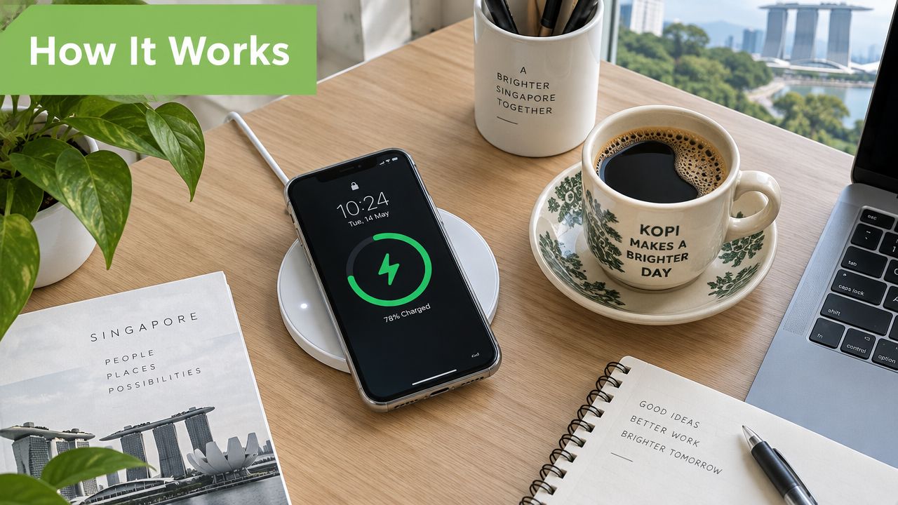 A smartphone on a wireless charging pad sitting on a wooden desk next to coffee and notebooks.