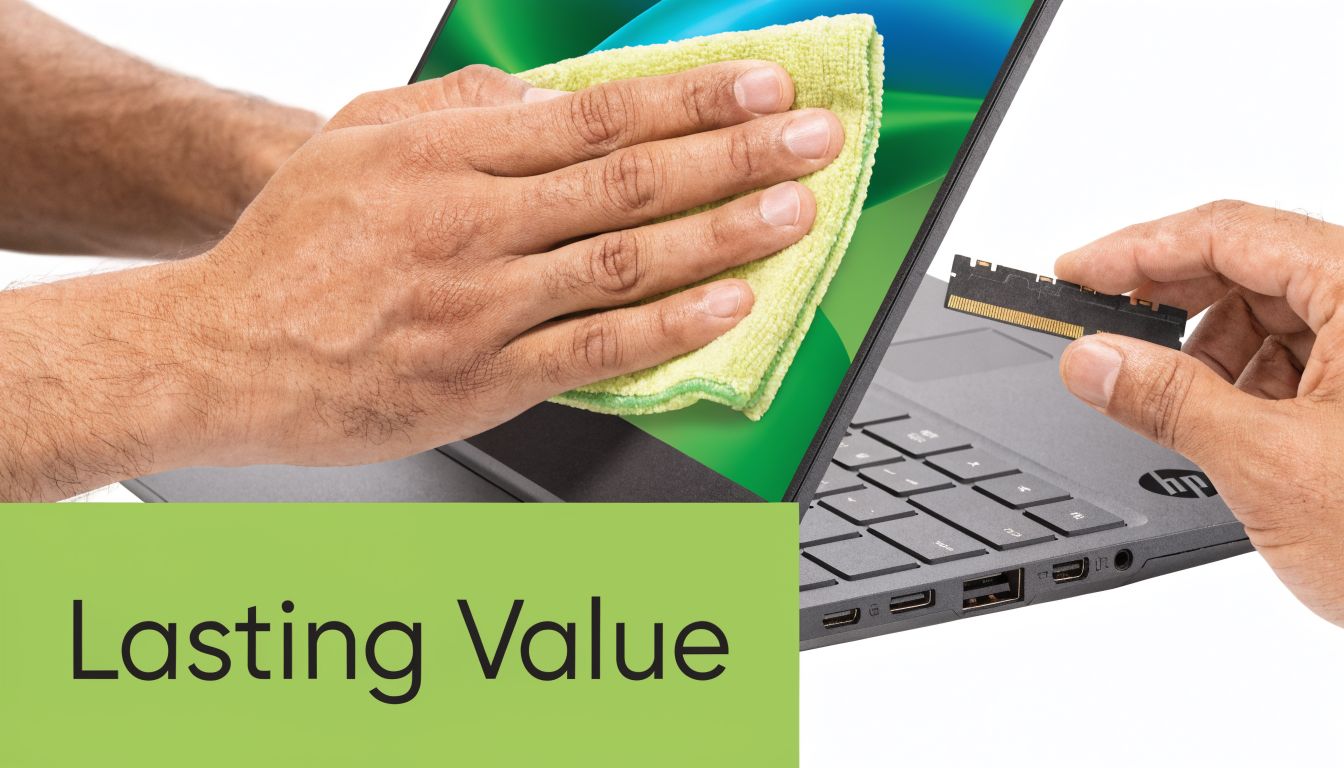 A close-up view showing a hand cleaning an HP laptop screen while another hand holds memory.