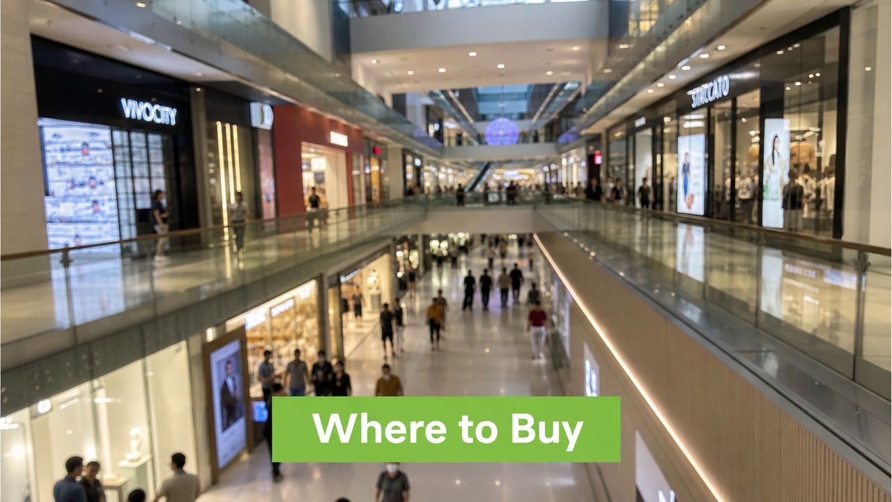A wide angle view of the interior of the multi-level VivoCity shopping mall in Singapore with shoppers.