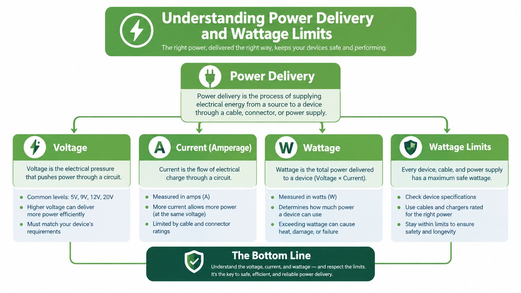 An infographic explaining the concepts of voltage, current, wattage, and power delivery limits for electrical devices.