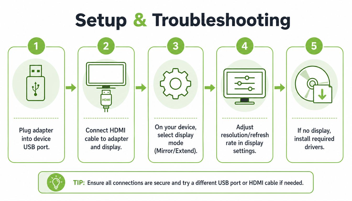 A five-step guide for setting up and troubleshooting a USB-to-HDMI display adapter connection.