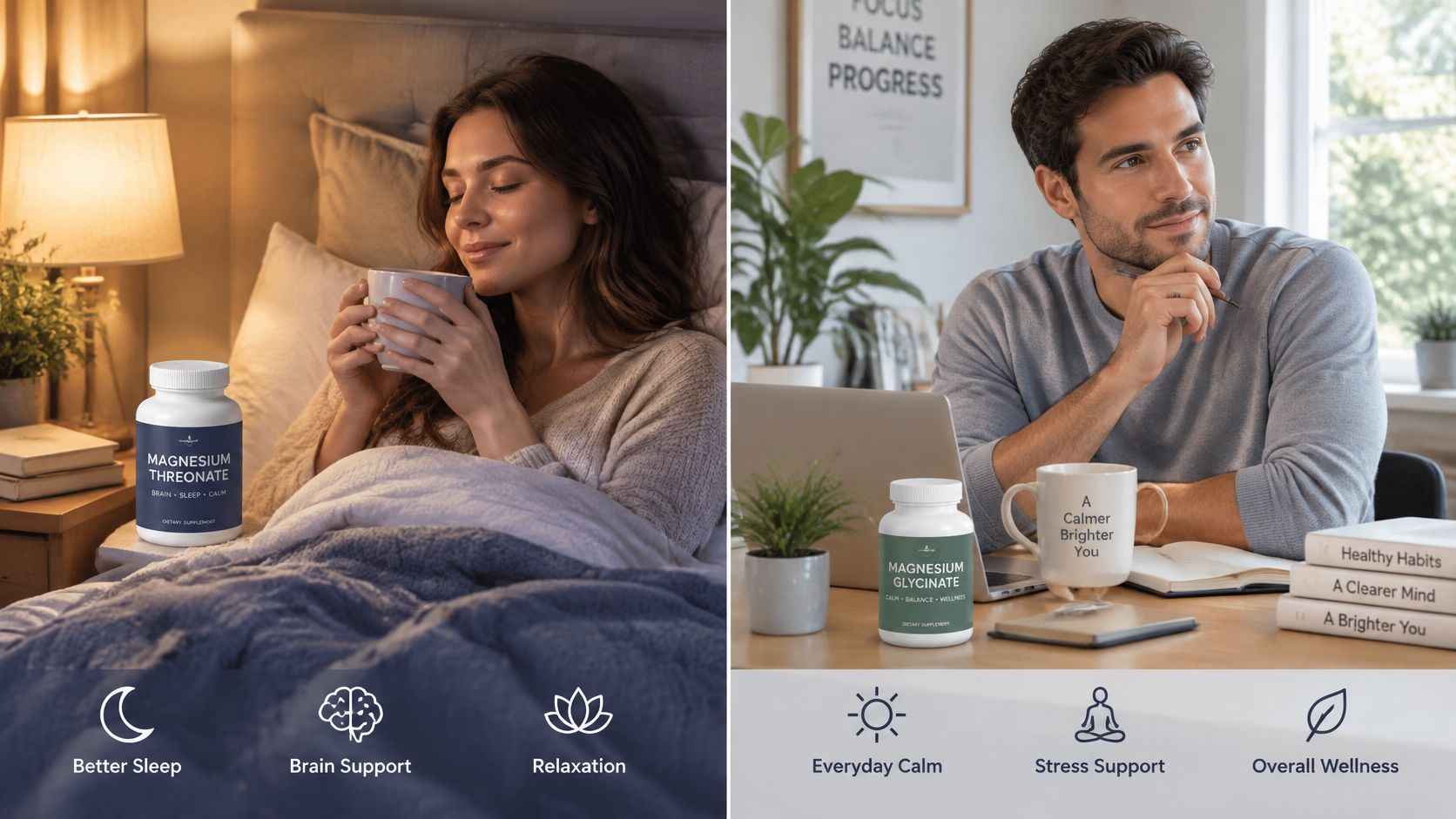 A split image showing Magnesium Threonate for better sleep on the left and Magnesium Glycinate for daily wellness on the right.