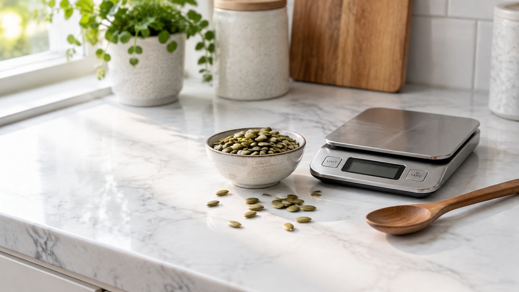 A small bowl of green pumpkin seeds next to a digital kitchen scale on a marble countertop.