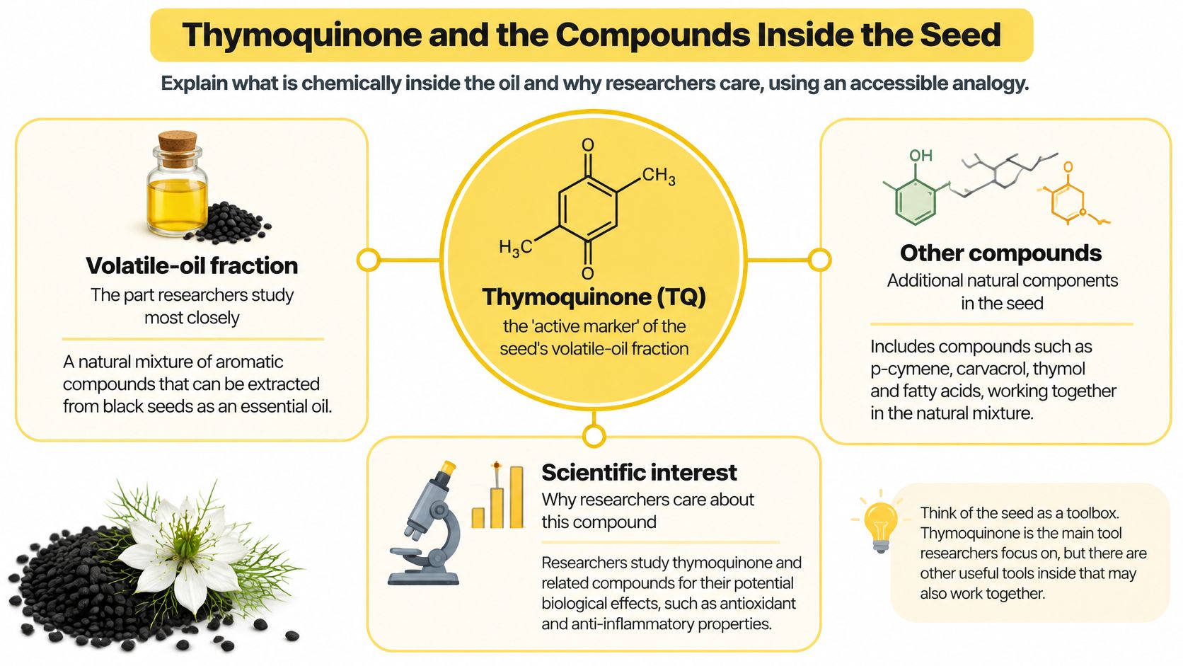 An infographic titled Thymoquinone and the Compounds Inside the Seed, explaining black seed oil composition.