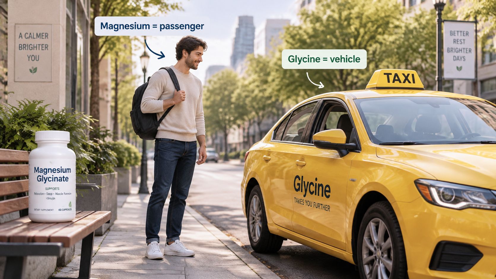 A conceptual illustration showing a man as magnesium and a taxi as glycine to explain absorption benefits.