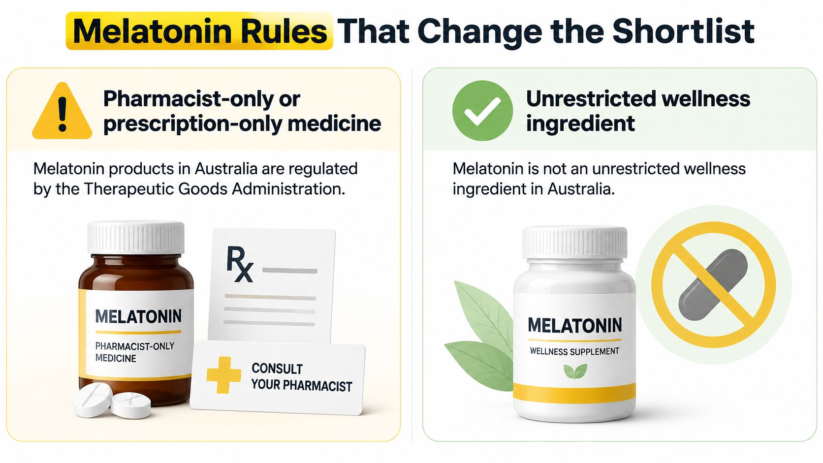 A graphic explaining that melatonin products in Australia are regulated as pharmacist-only or prescription medicines, not wellness supplements.