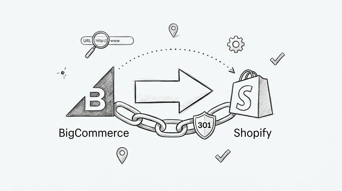 A hand-drawn sketch illustrating the migration process from a BigCommerce store to a Shopify store using 301 redirects.