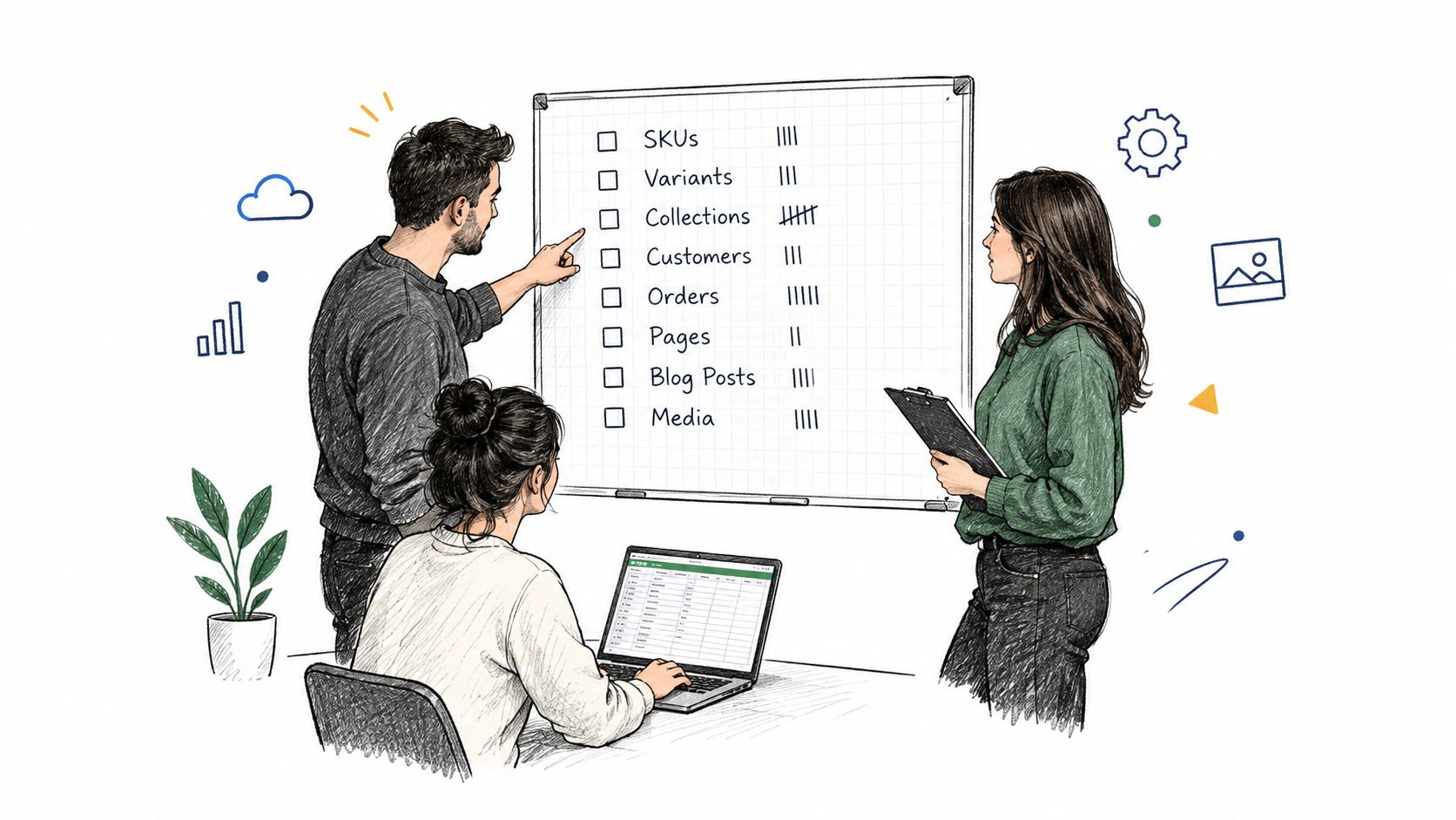 A team collaborating in an office while reviewing a checklist of store data migration tasks.
