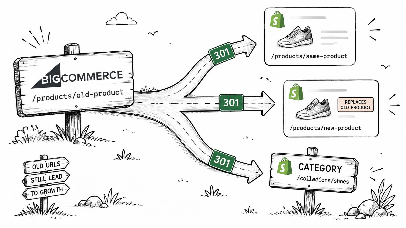 A diagram illustrating 301 redirects from old BigCommerce product URLs to new Shopify product and category pages.