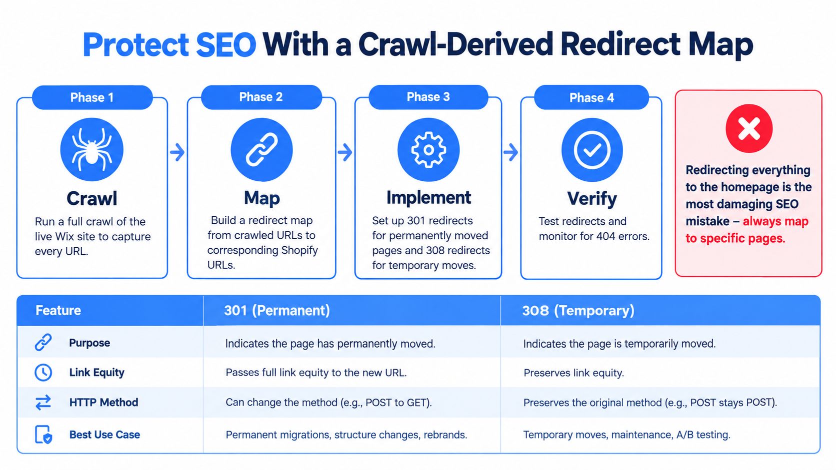 A four-phase guide showing how to map Wix URLs to Shopify pages to protect SEO during migration.