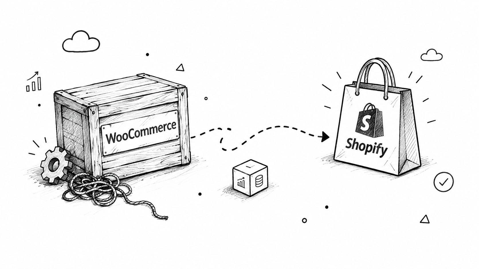 A hand-drawn illustration showing a migration process from a WooCommerce wooden crate to a Shopify shopping bag.
