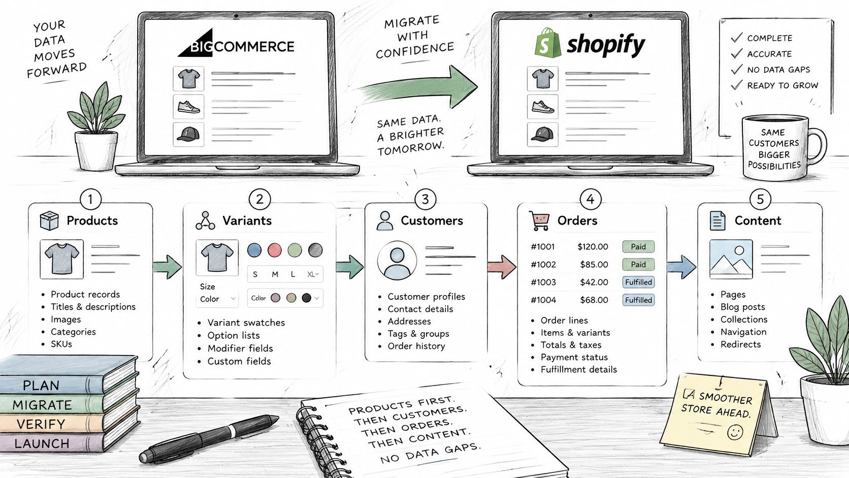 An infographic illustrating the step-by-step process of migrating e-commerce data from BigCommerce to the Shopify platform.